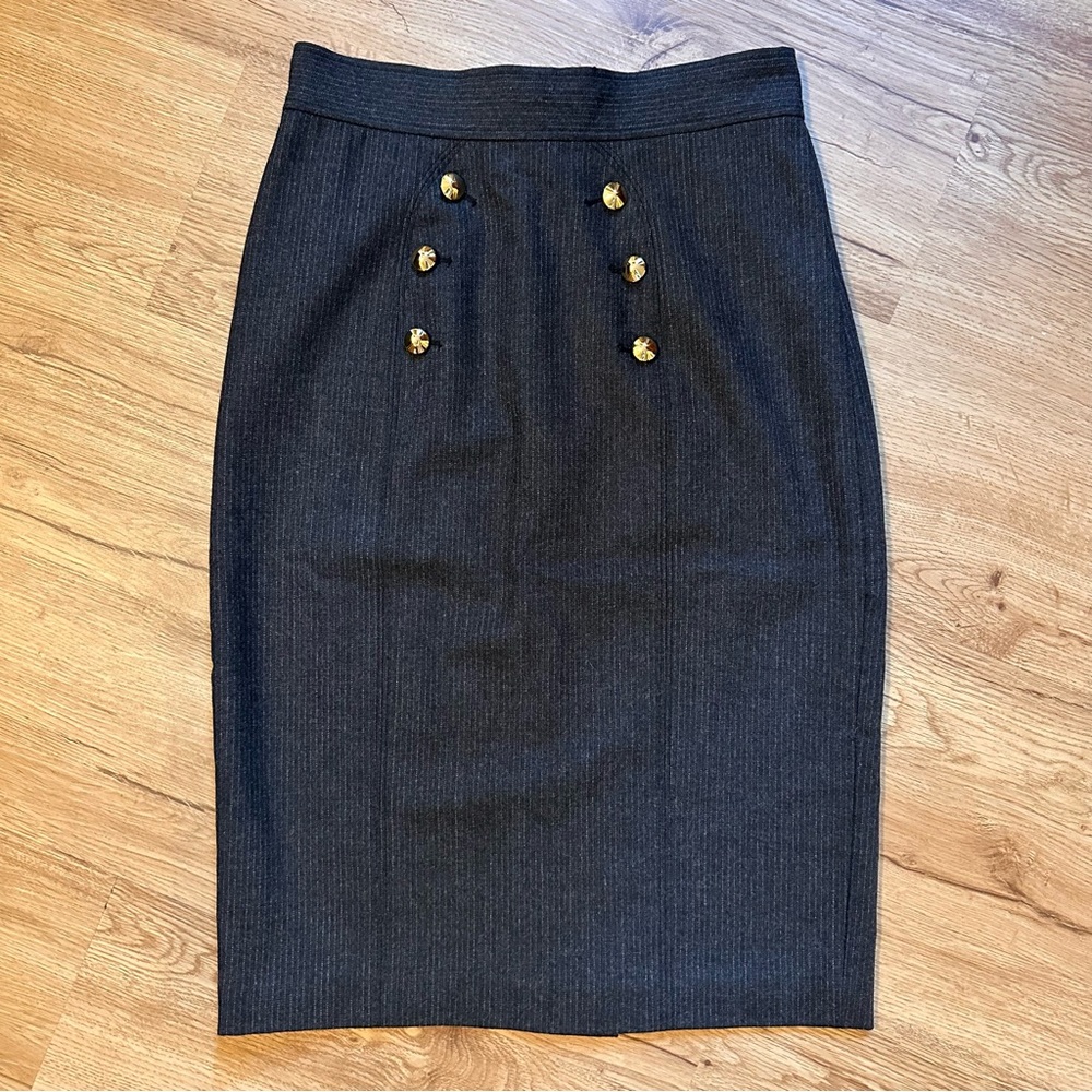 Tibi Wool Charcoal Grey Pencil Skirt with Gold Button Accents